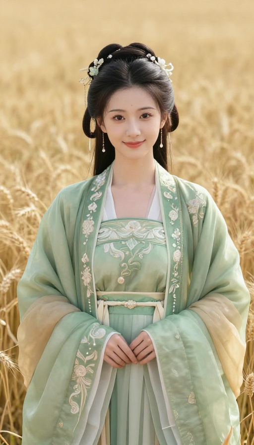 绿衣少女麦田微笑写真