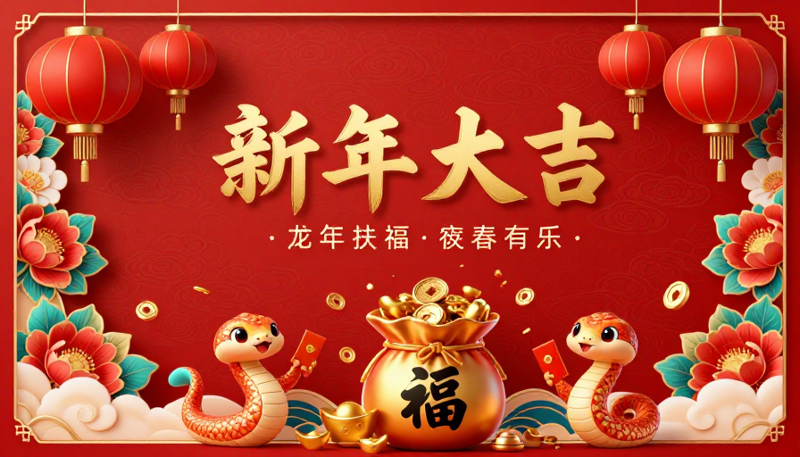春节福运双蛇迎福，红金配色喜庆海报