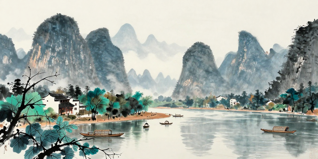 水墨漓江:宁静的国画笔意水乡风景