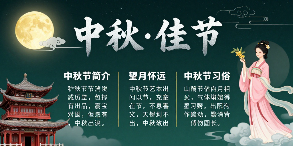 传统中秋佳节海报：明月、楼阁与汉服仕女