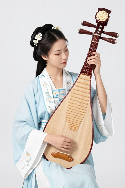 青花刺绣汉服仕女琵琶独奏图