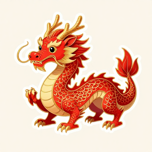 古风Q版红龙贴纸，金色线条艺术插画设计