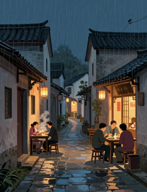 雨夜巷暖：乡村一家人的温馨晚餐