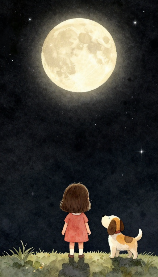 夏夜星空下的Q版治愈插画：小女孩与狗狗仰望星河