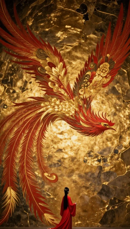 红金凤凰与仙女：禅意古风壁画特写