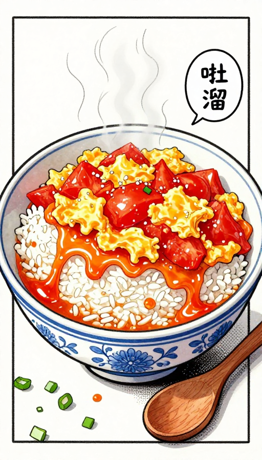 青瓷碗装番茄蛋炒饭，手绘漫画风美食图