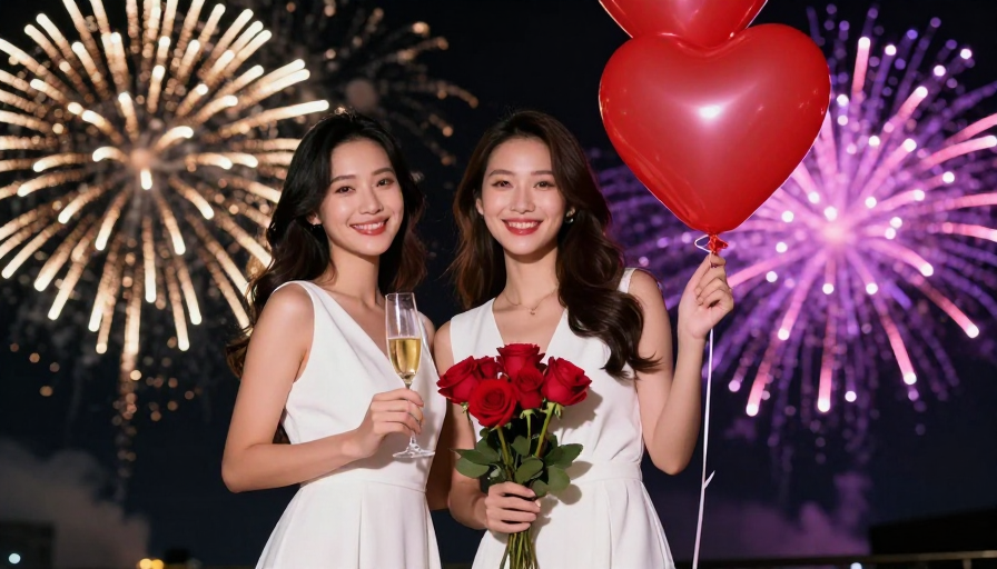浪漫庆典：两位女性在烟花夜空中的幸福时刻