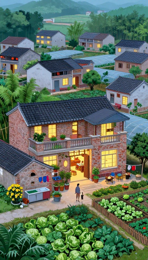 90年代农村夏夜全景：灯火通明的治愈插画