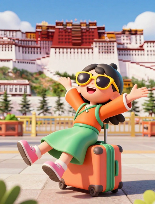 西藏拉萨3D旅行：活力少女与布达拉宫欢乐之旅