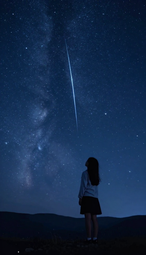 中国少女仰望星空,流星划破浪漫夜色