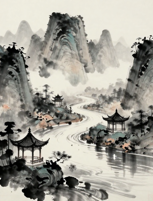 水墨山水意境:传统与光影交织的梦幻画卷