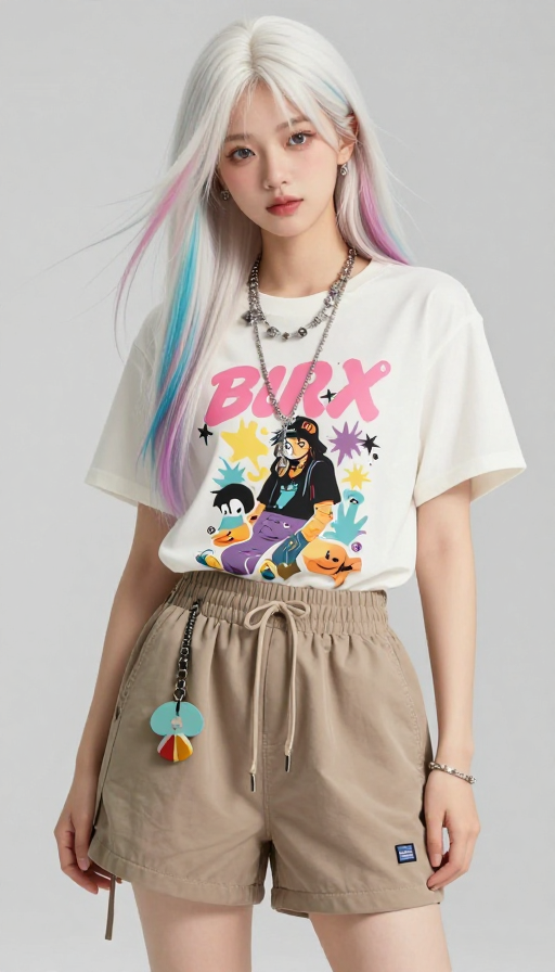 白发彩虹少女嘻哈时尚照：青春潮流特写