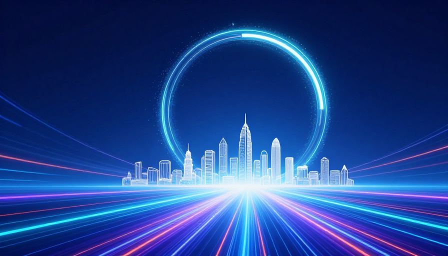未来科技蓝：悬浮星环与都市剪影的视觉盛宴