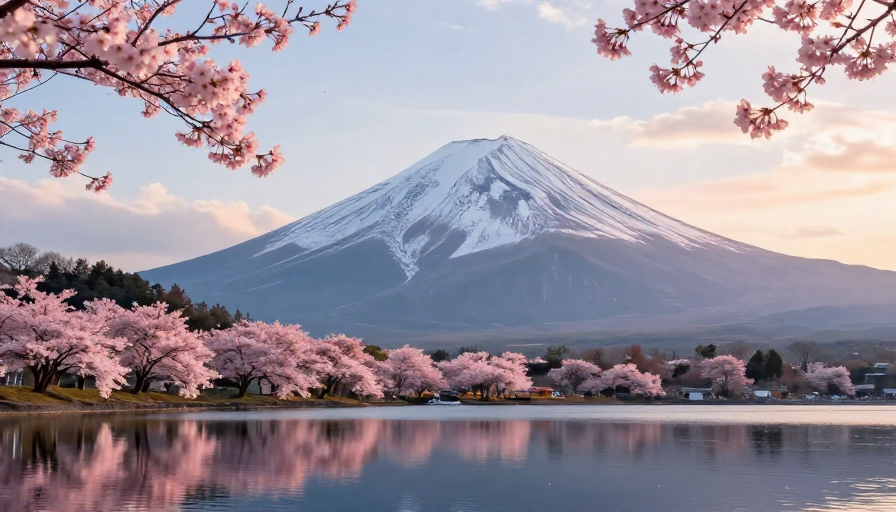晨曦中的富士山与樱花湖景高清摄影