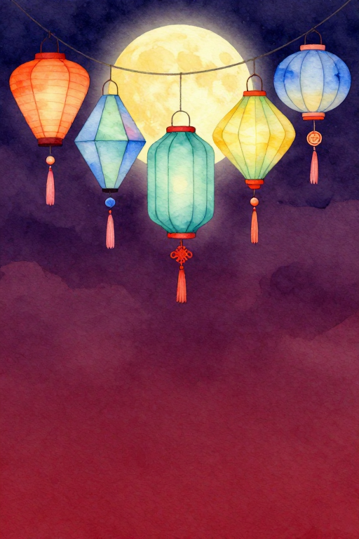 中秋月圆夜·雅致水彩灯笼背景图