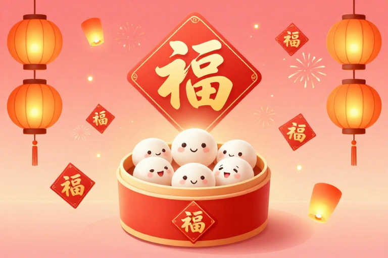 新春团圆·粉橙色调传统插画海报