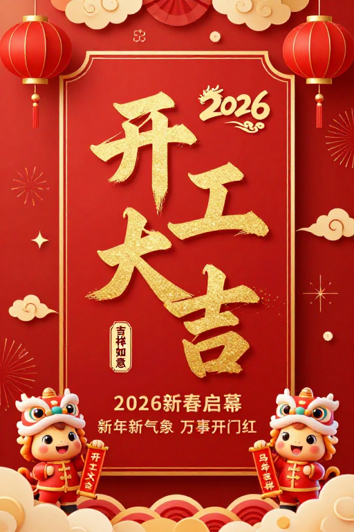 红金中国风新年开工海报,立体书法与宫灯装饰