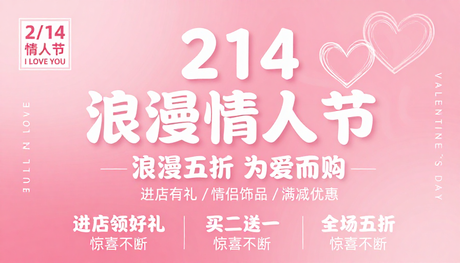 214浪漫情人节促销海报：粉红渐变温馨氛围