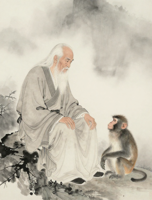 墨韵新生：超现实水墨中老人与猴子的静谧对话