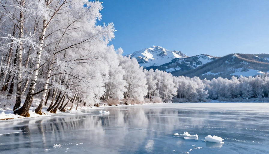 冰封湖畔：霜雪白桦与远山的静谧冬日画卷