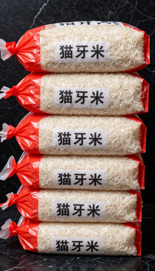 四袋红袋装雪白猫牙米堆叠展示,黑色大理石背景高清实拍