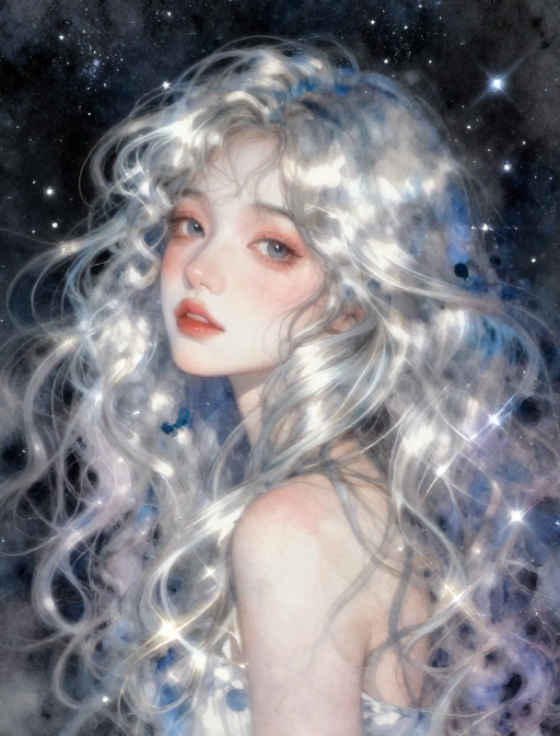 银光梦境：超现实童话女孩与星河特写