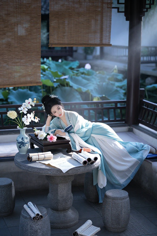 朦胧光影下的蓝白汉服女子与庭院书香