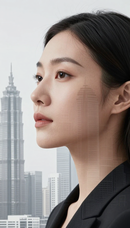 都市女性沉静凝视，黑白建筑光影艺术照
