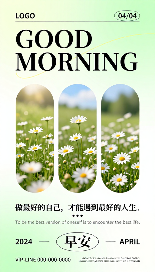清新春日早安问候：雏菊田与简约排版设计