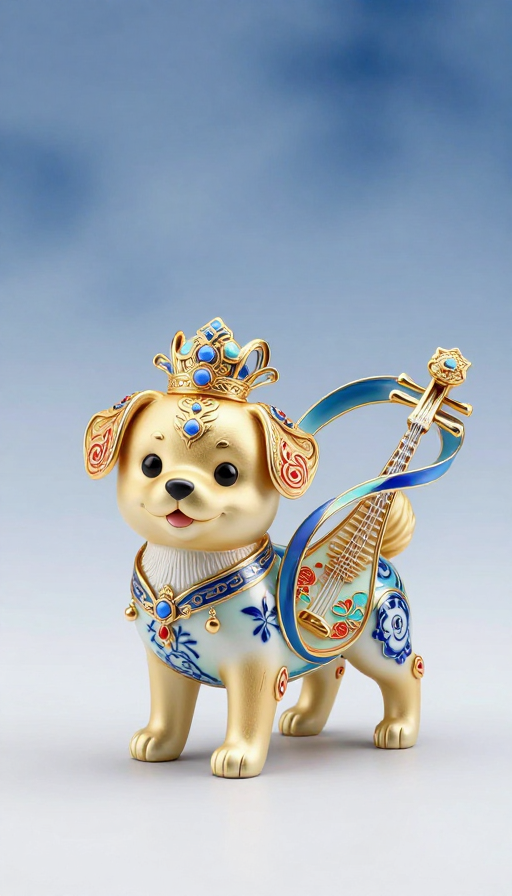 青花瓷风Q版田园犬手办，磁悬浮飘带设计