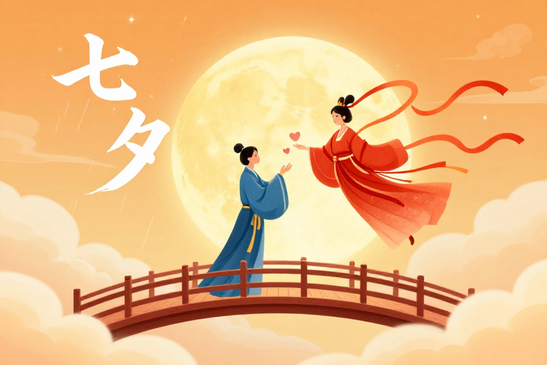 七夕梦幻邂逅：暖调新国风双女插画
