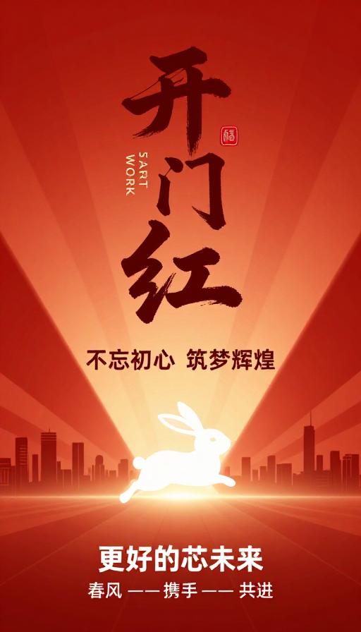 红色书法兔子跃动：中国年与科技奋进融合海报