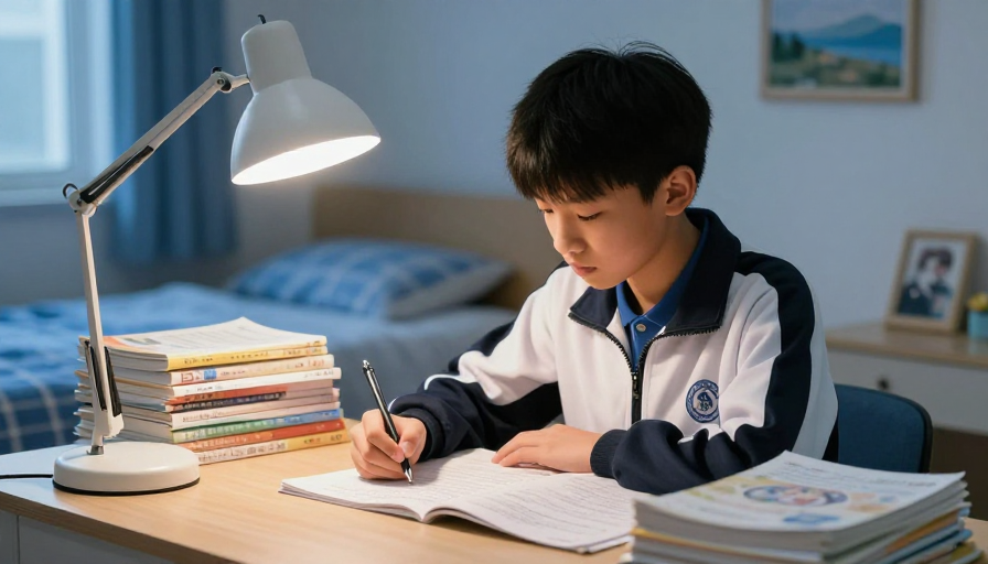 少年伏案苦读，暖光映衬奋斗光芒