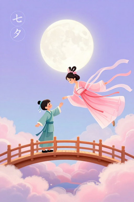 七夕梦幻中国风插画：月光与古桥的浪漫邂逅