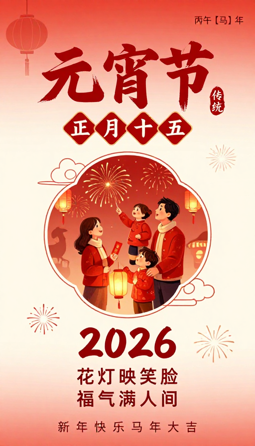 暖红渐变元宵节艺术海报