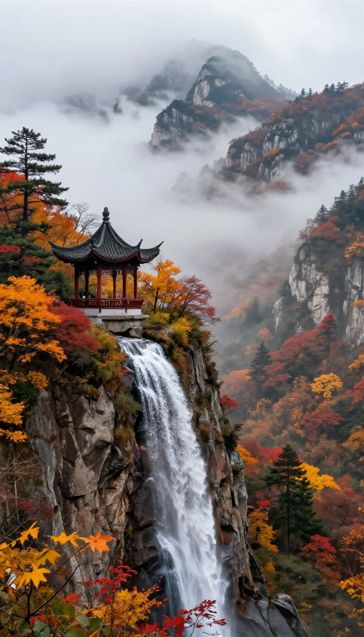 秋日仙境：云海飞瀑与古亭的绝美实景