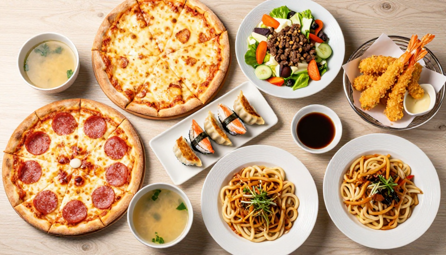多国美食盛宴：精致料理拼盘高清摄影