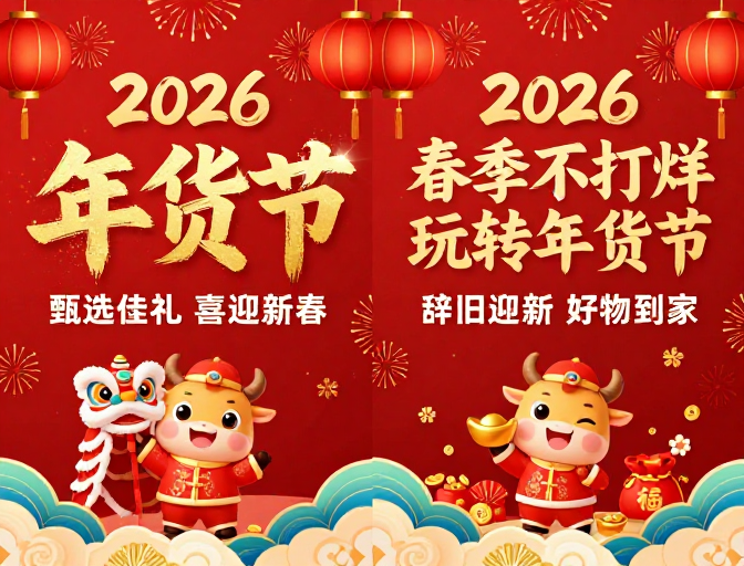 2026年货节：红金配色卡通牛民俗风海报