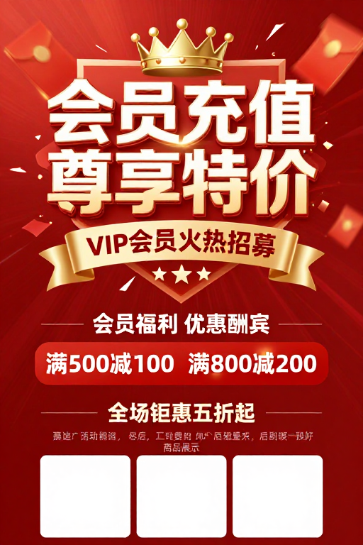 红金会员促销海报 - 立体字视觉冲击