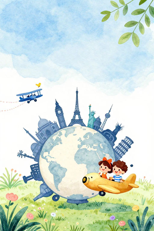 水彩旅行世界:地球与地标插画