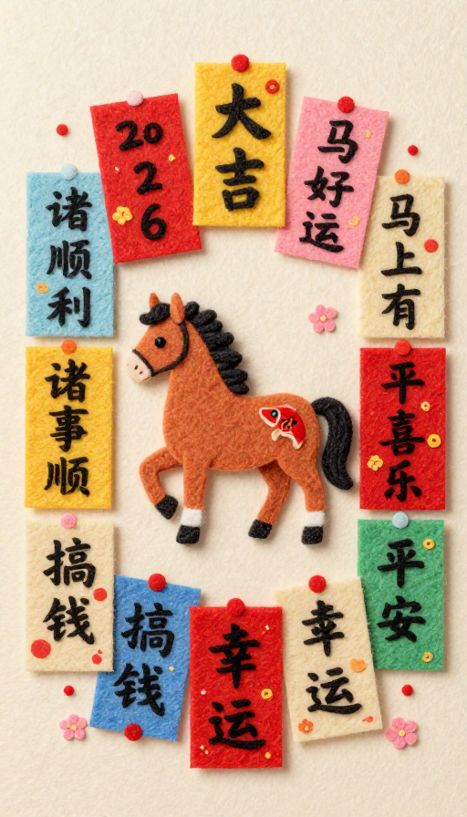 2026新春吉祥福马团圆 喜庆毛毡插画