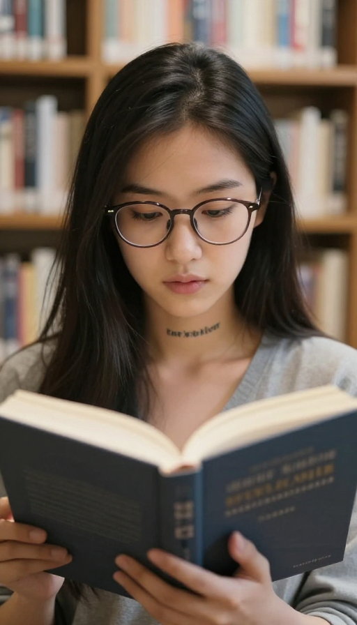 图书馆中的专注阅读者：柔和光影下的人像特写