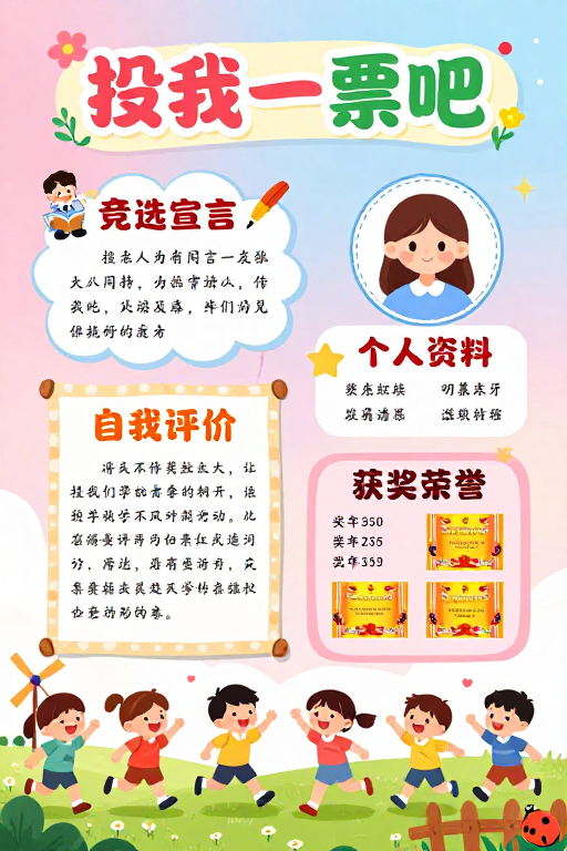 童趣手绘儿童竞选海报:活力校园投我一票吧!