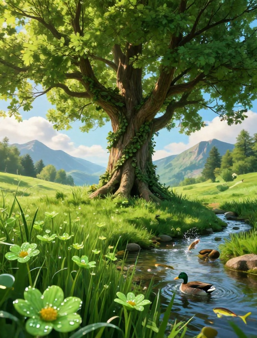 绿韵古木：春日生机与希望的艺术画卷