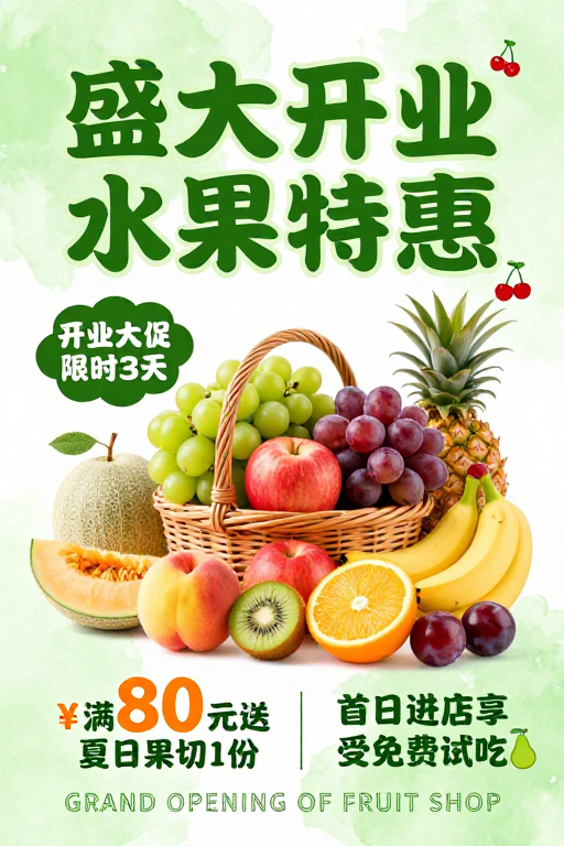 熊猫办公水果店开业特惠海报,清新水彩风