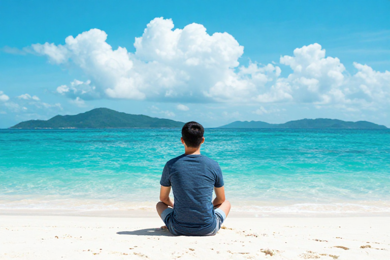 背对镜头的宁静：青蓝海韵与心灵之旅