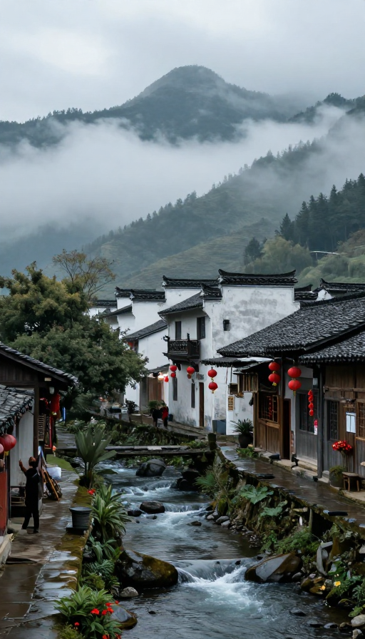 古村溪畔云雾缭绕的诗意风景