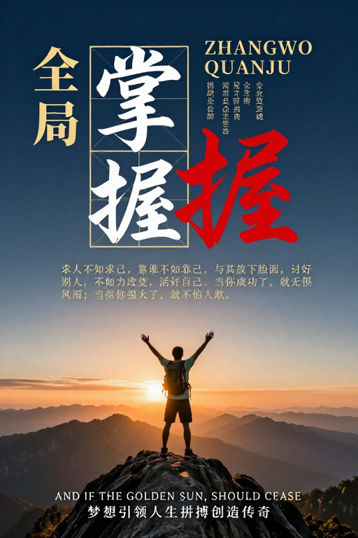 深蓝渐变中东方力量:自我掌控的励志海报
