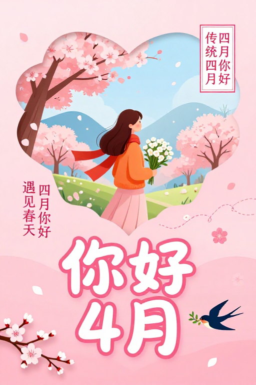 治愈系春日纸艺插画：樱花飞舞的四月你好海报