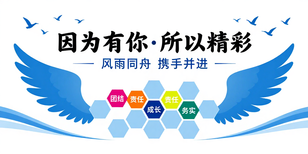团结奋进的企业文化墙设计：蓝色羽翼与蜂巢结构